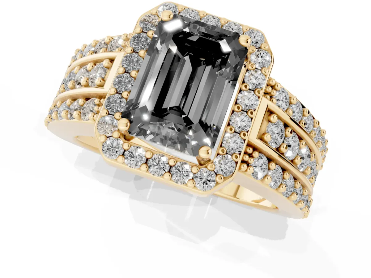 Fancy Black Emerald Cut Halo Diamond Ring with Round Split Shank and Prong Setting Yellow gold