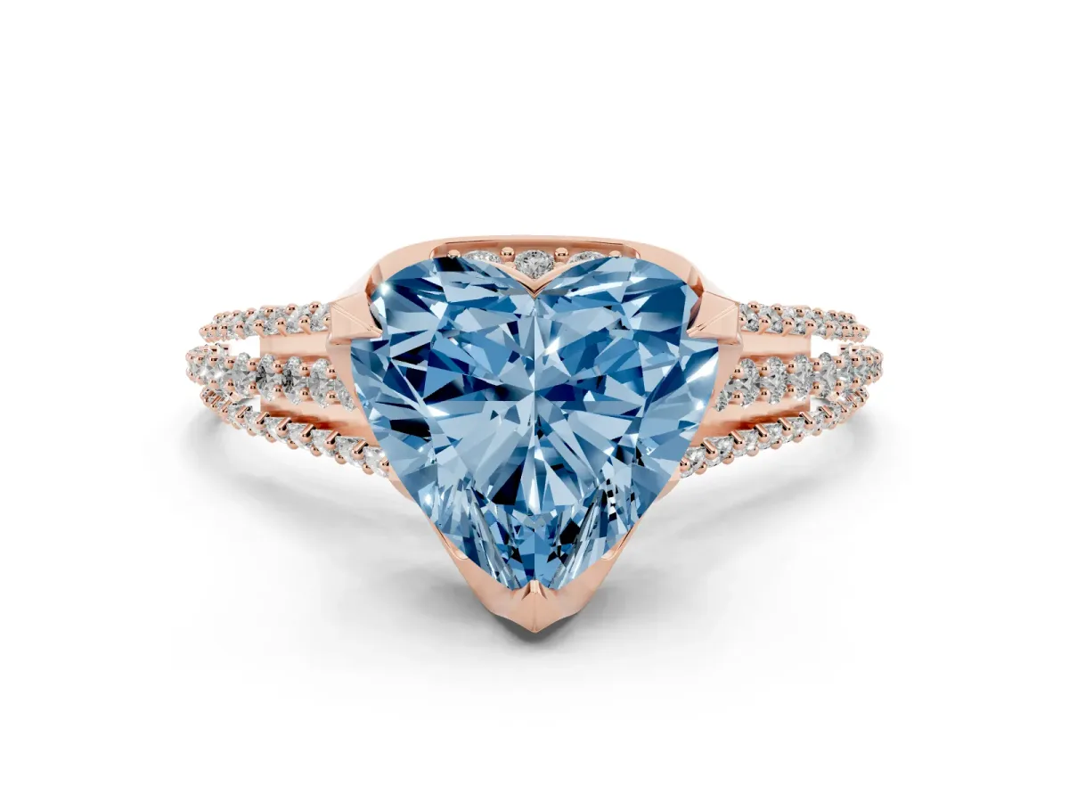 Fancy Blue Heart Cut Solitaire Pave Split Shank Ring with Four-Prong Setting Rose gold