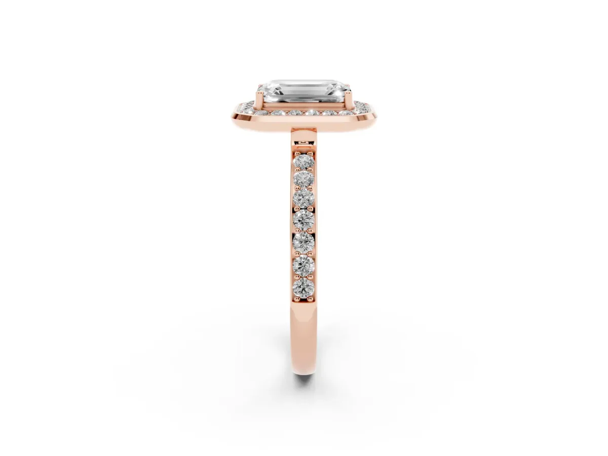 Emerald Cut Diamond Halo Ring with Bezel Frame and Pavé Band Rose gold