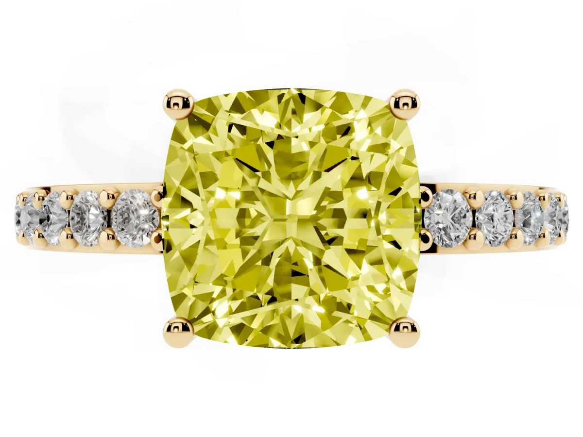 Fancy Yellow Cushion Cut Cut Diamond Solitaire with Pave Band and Four-Prong Setting Yellow gold