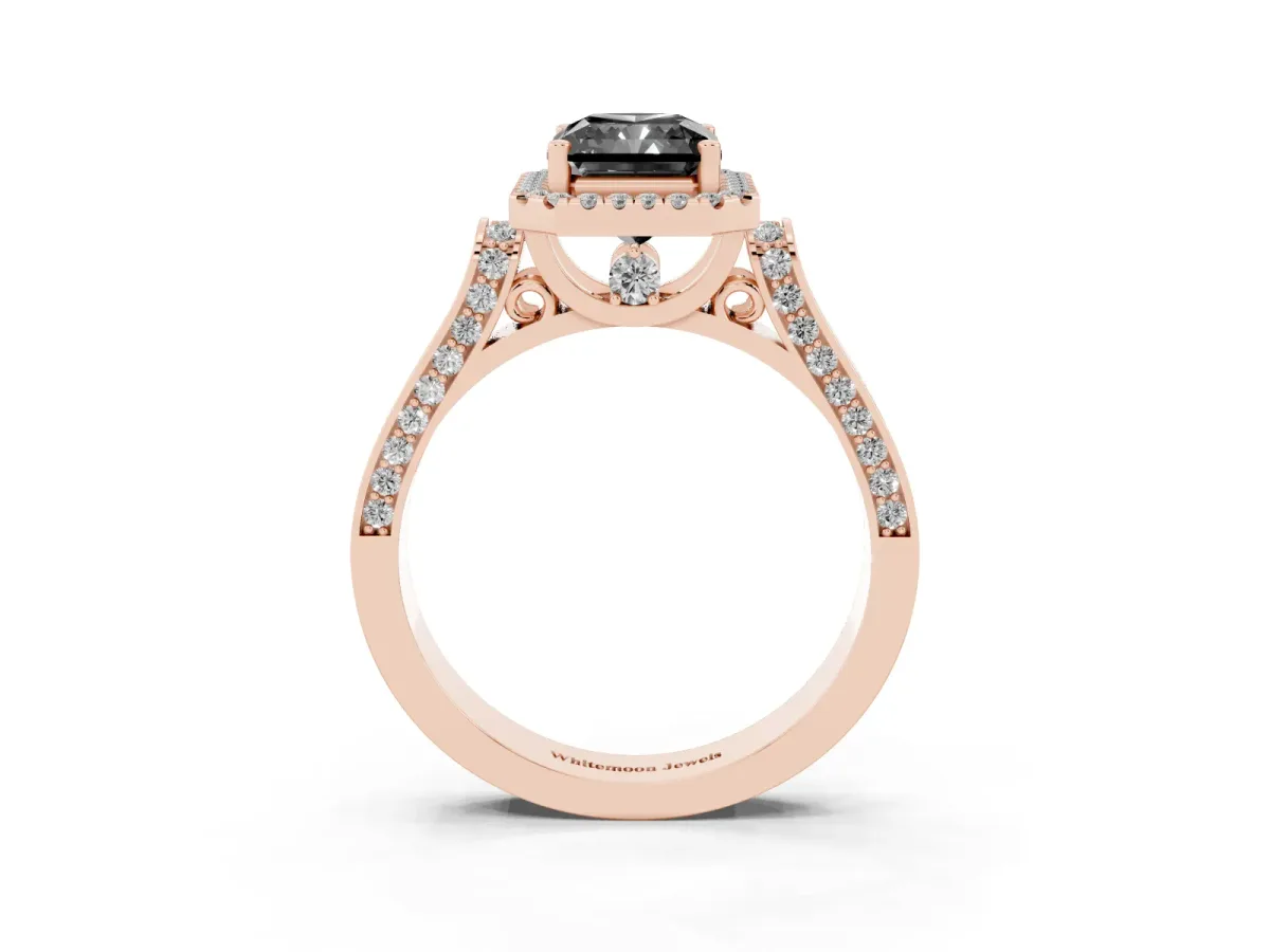Fancy Black Radiant Cut Halo Round Diamond Twist Band with Four-Prong Setting Rose gold