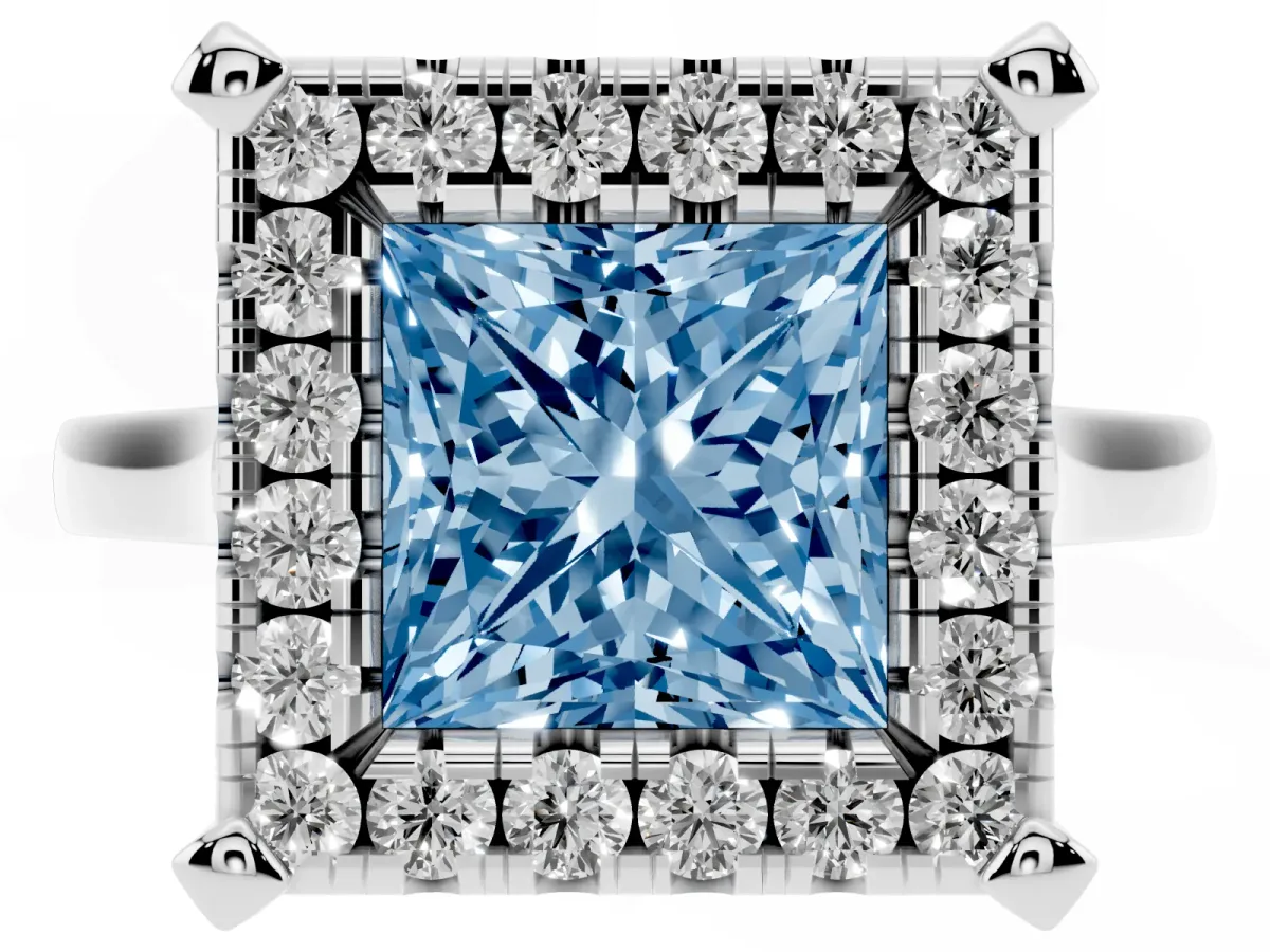 Fancy Blue Princess Cut Diamond Cluster Halo Solitaire with Four-Prong Setting Silver