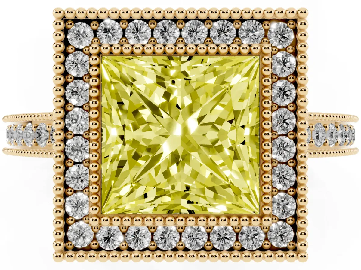 Fancy Yellow Princess Cut Cut Halo Diamond Ring with Pavé Band and Milgrain Prong Setting Yellow gold