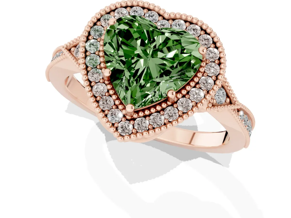 Fancy Green Heart Cut Halo Round Diamond Milgrain Pave Engagement Ring Rose gold