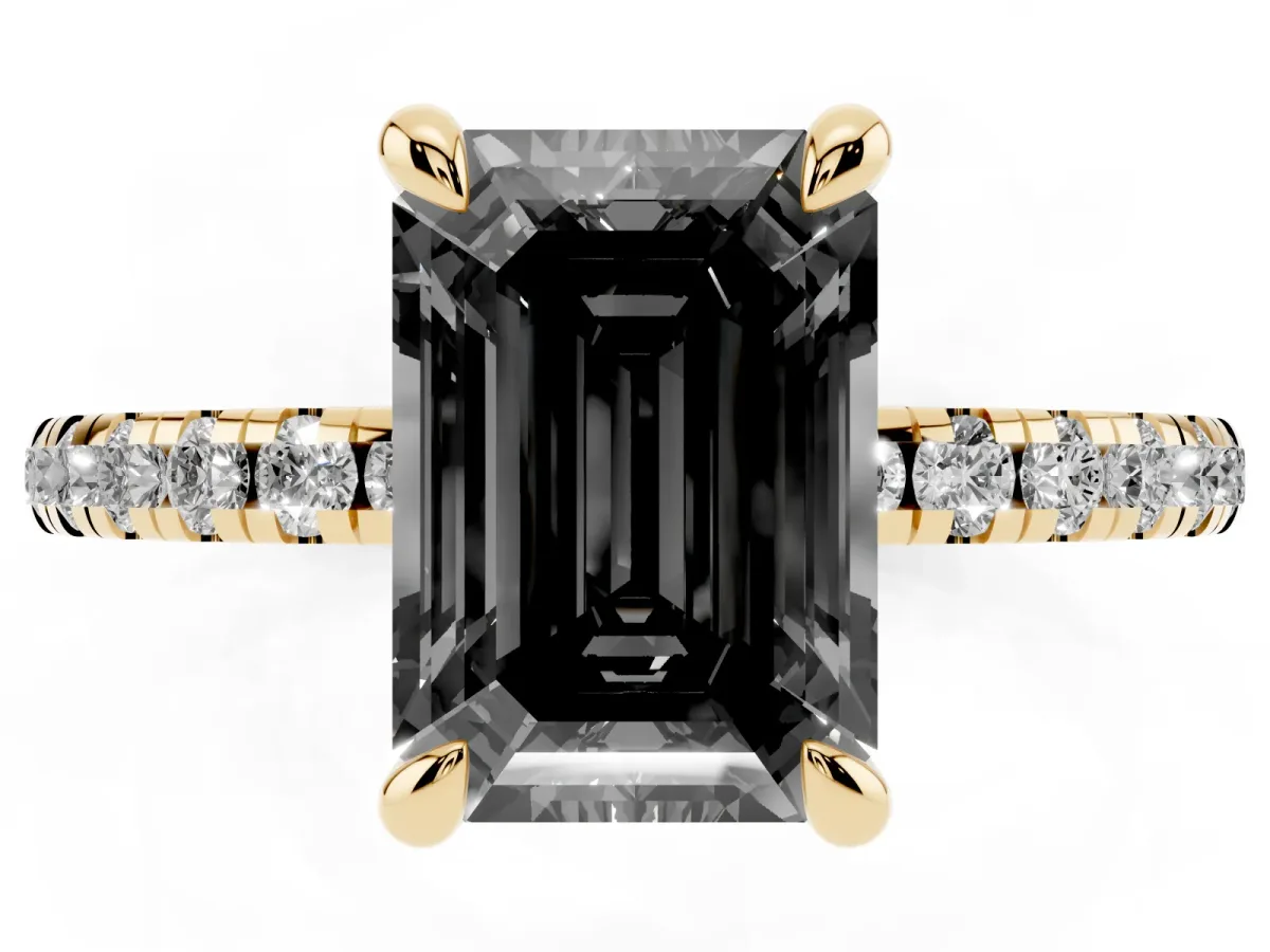 Fancy Black Emerald Cut Diamond Brilliant Solitaire Ring with Pavé Band and Four-Prong Setting Yellow gold