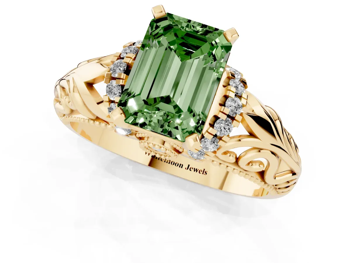 Fancy Green Emerald Cut Solitaire Filigree Engagement Ring with Halo and Prong Setting Yellow gold