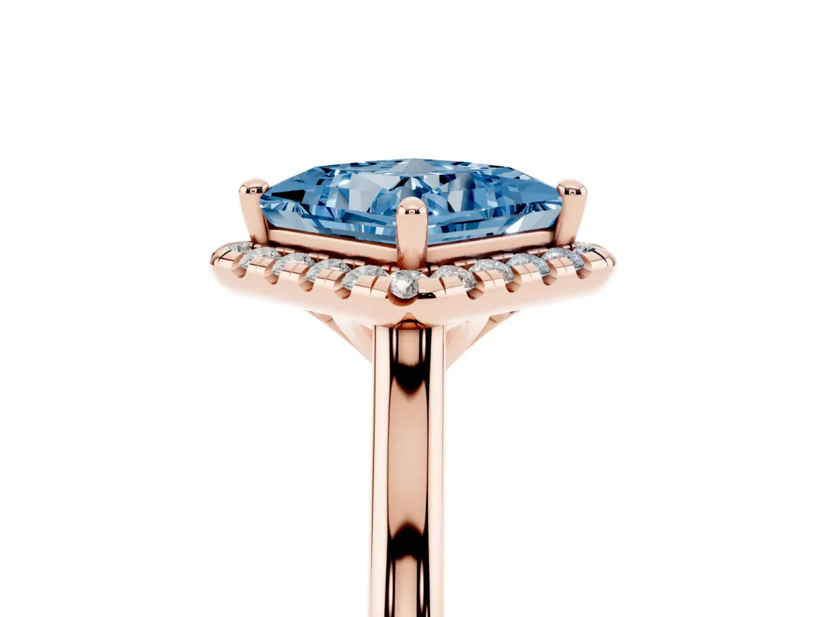 Fancy Blue Princess Cut Halo Round Diamond Solitaire Engagement Ring with Pave Band and Four-Prong Setting Rose gold