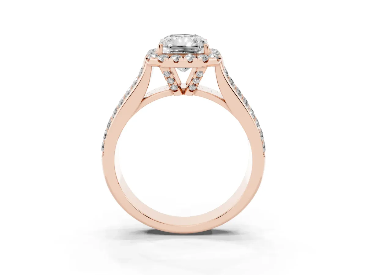 Radiant Cut Halo Round Diamond Pave Band with Prong Setting Rose gold