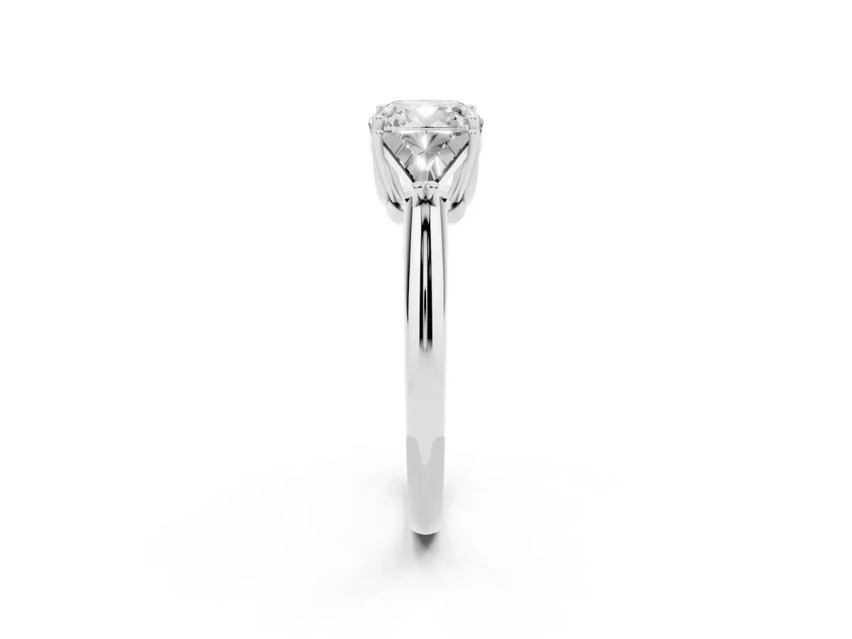 Three-Stone Cushion Cut Diamond Engagement Ring with Trillion Side Stones and Prong Setting Silver