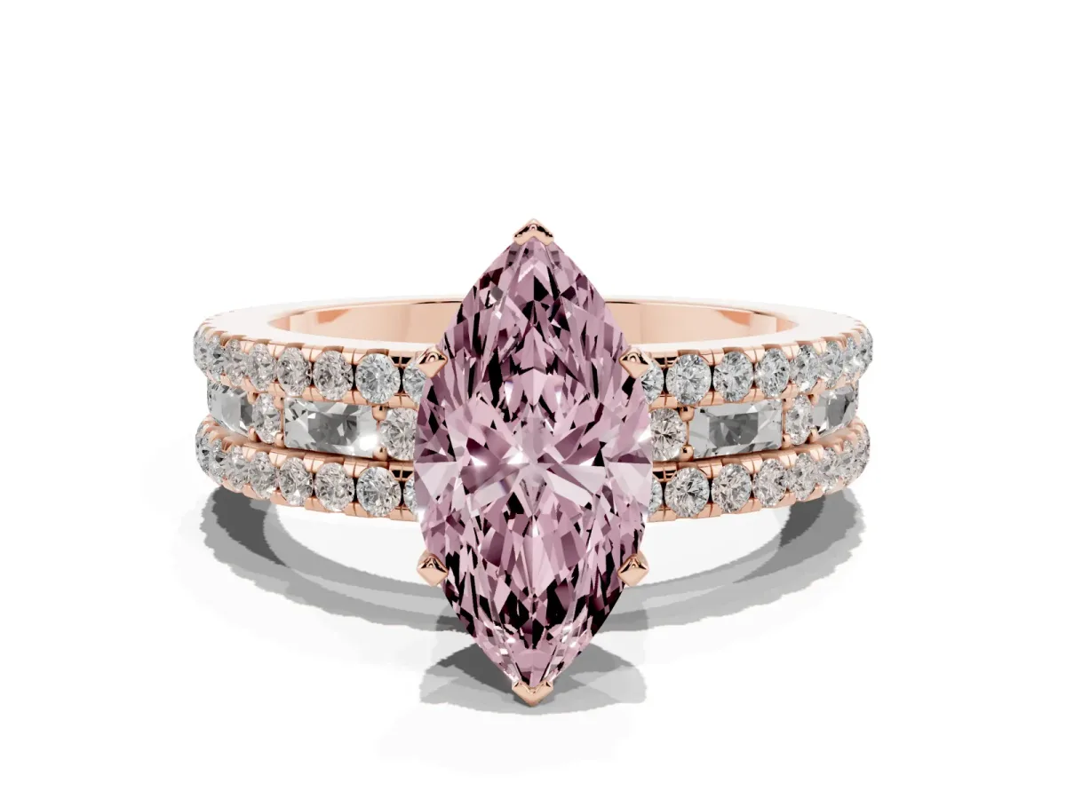 Fancy Pink Marquise Cut Diamond Solitaire Ring with Pavé and Channel Set Band Rose gold