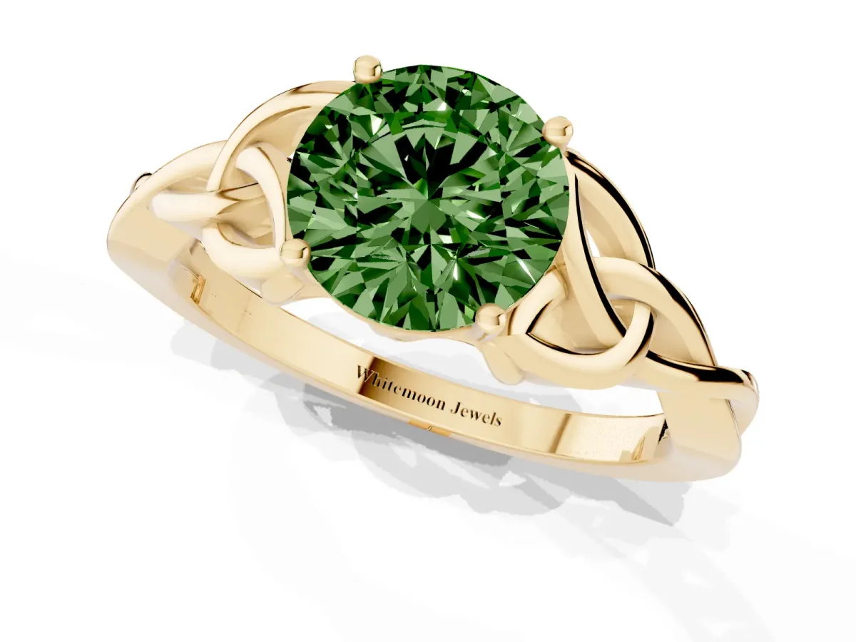 Fancy Green Round Cut Diamond Solitaire Engagement Ring with Celtic Knot Band and Four-Prong Setting Yellow gold