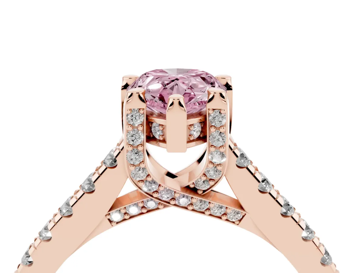 Fancy Pink Pear Cut Brilliant Diamond Solitaire with Pavé Band and Four-Prong Setting Rose gold