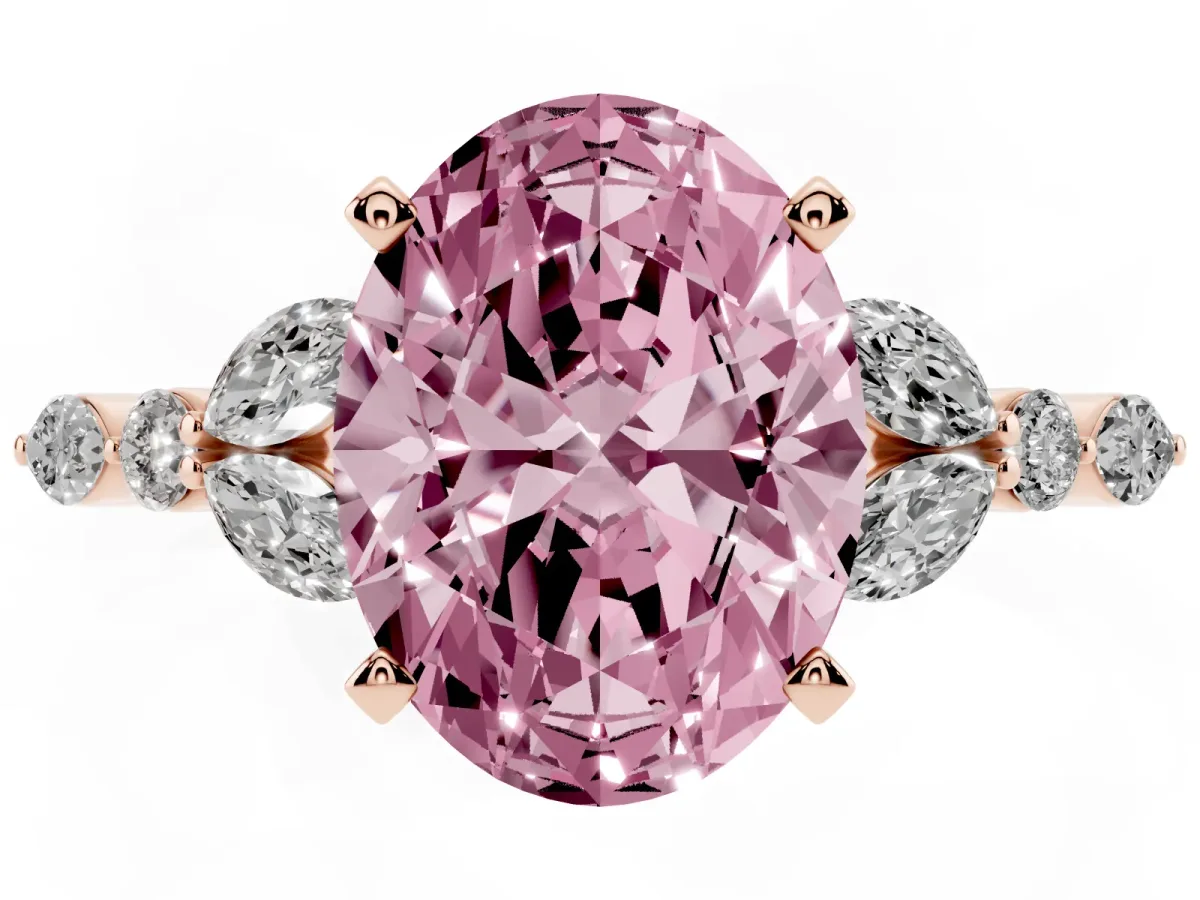Fancy Pink Oval Cut Diamond Solitaire Ring with Side Stones and Four-Prong Setting Rose gold