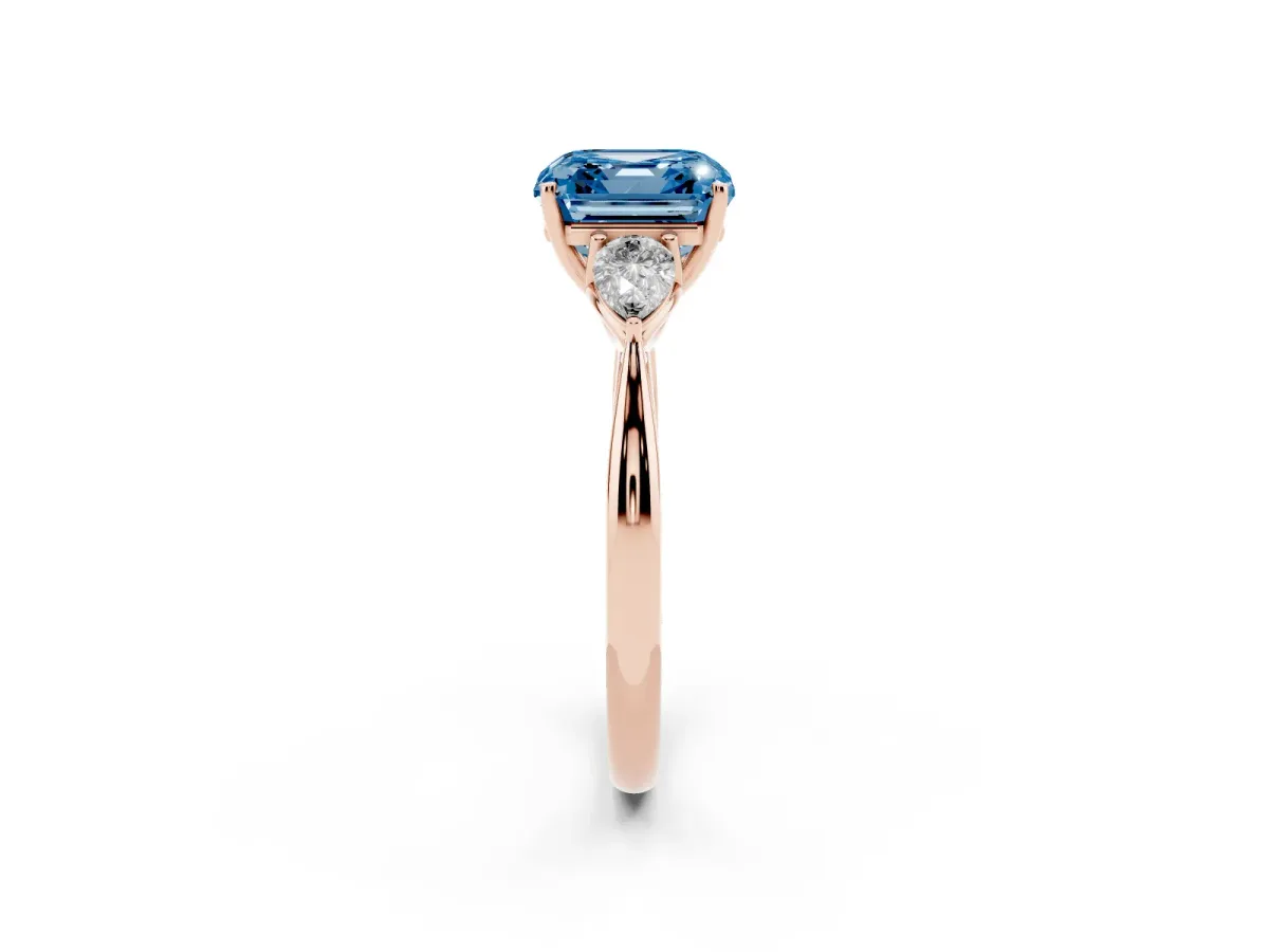 Fancy Blue Asscher Cut Diamond Three-Stone Ring with Pear Side Stones and Prong Setting Rose gold