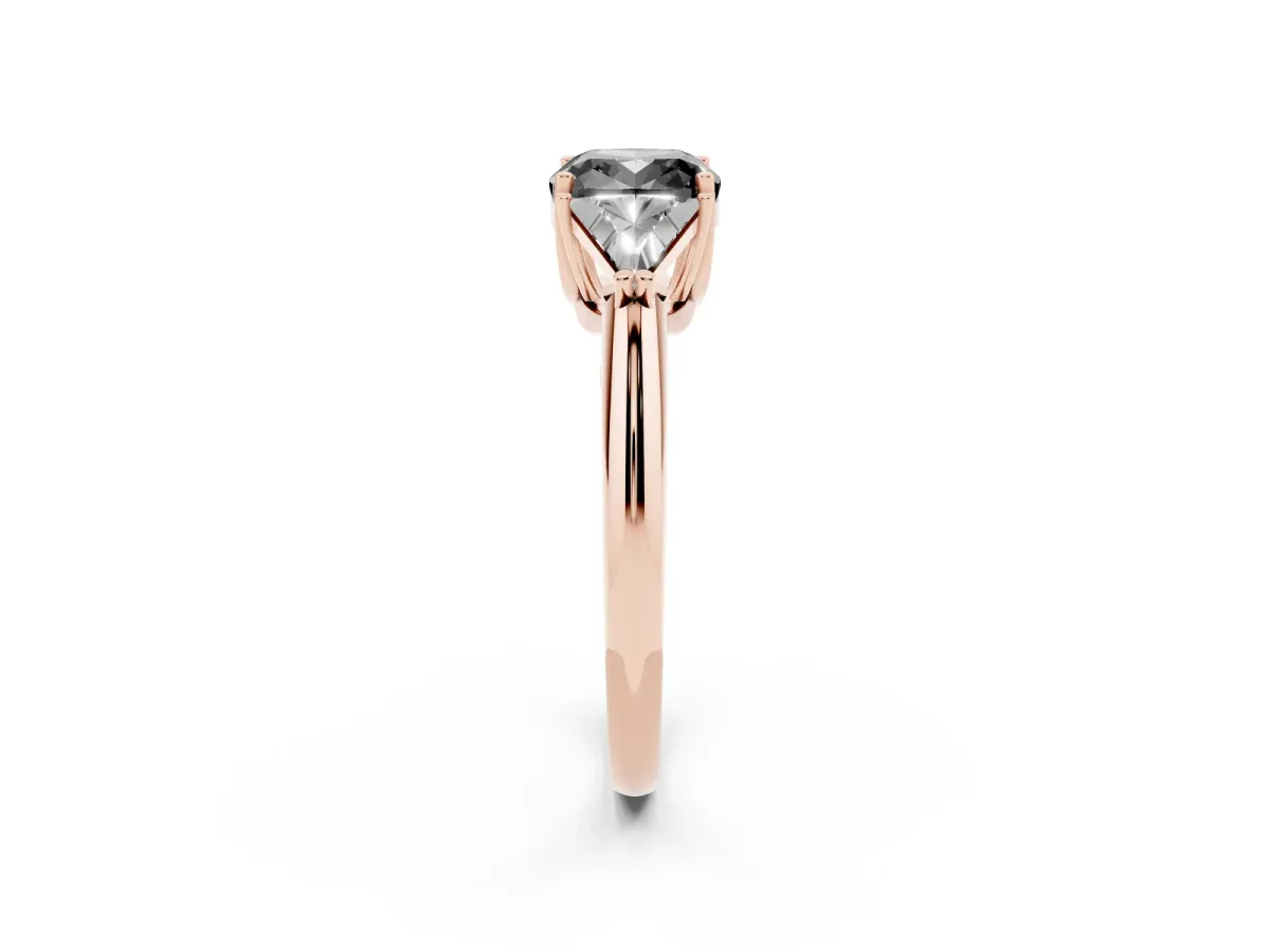 Fancy Black Three-Stone Cushion Cut Diamond Engagement Ring with Trillion Side Stones and Prong Setting Rose gold