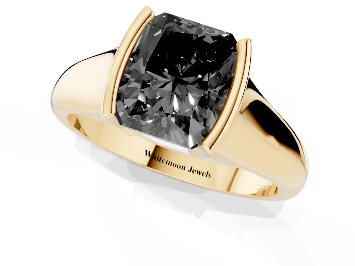 Fancy Black Radiant Cut Solitaire Tension Set Diamond Ring with Split Shank Band Yellow gold