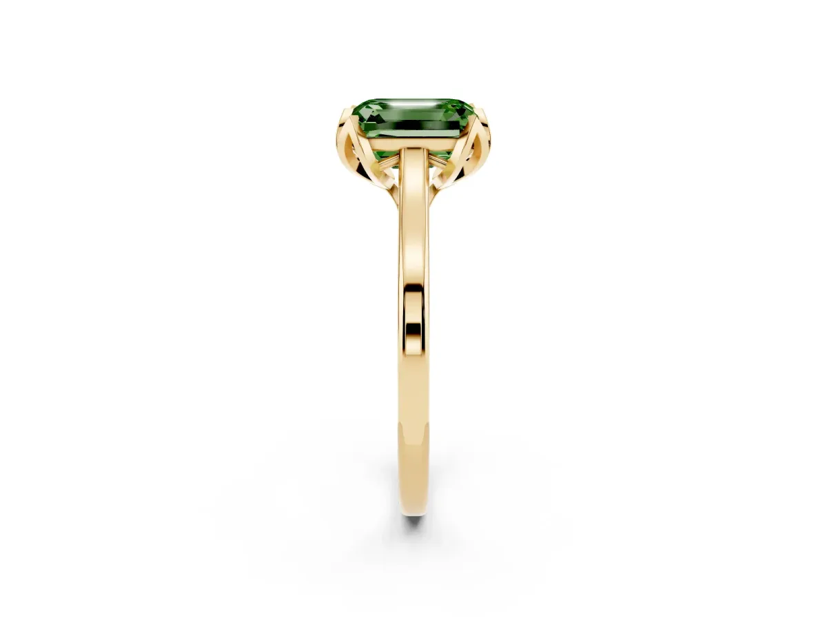 Fancy Green Emerald Cut Diamond Solitaire Ring with Flower Prong Setting and Classic Band Yellow gold