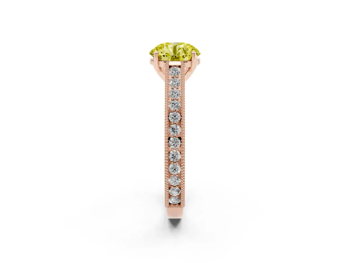 Fancy Yellow Round Cut Cut Pave Band Milgrain Solitaire Ring Rose gold
