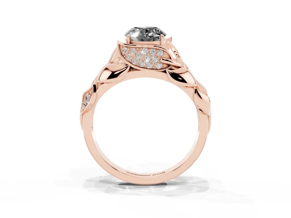 Fancy Black Oval Cut Diamond Leaf-Inspired Engagement Ring with Round Accents and Prong Setting Rose gold