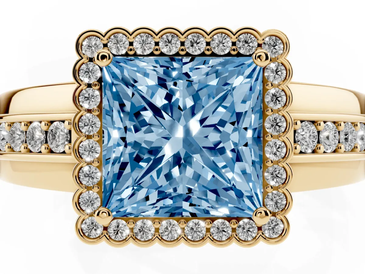 Fancy Blue Princess Cut Cut Halo Pave Band Four-Prong Ring Yellow gold