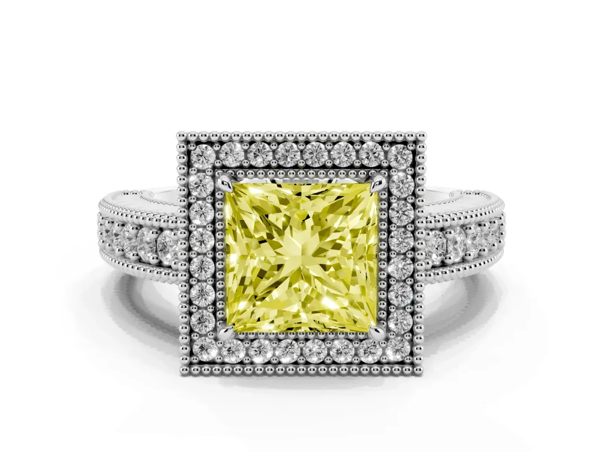Fancy Yellow Princess Cut Cut Halo Diamond Ring with Pavé Band and Four-Prong Setting White gold