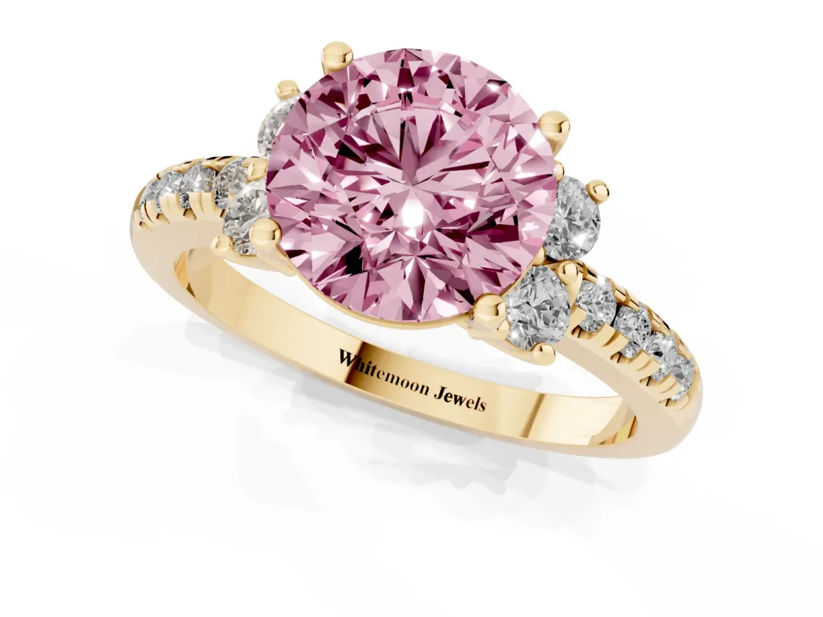 Fancy Pink Round Cut Diamond Three-Stone Pave Band with Four-Prong Setting Yellow gold