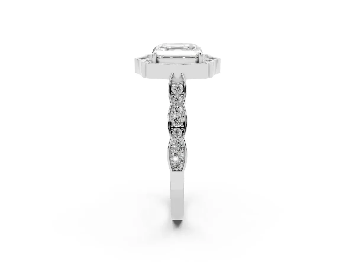 Asscher Cut Halo Diamond Engagement Ring with Milgrain Band and Four-Prong Setting Silver
