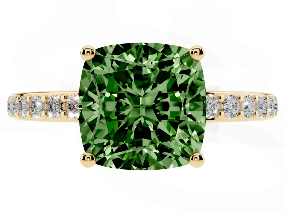 Fancy Green Cushion Cut Cut Diamond Pavé Band Ring with Four-Prong Setting Yellow gold