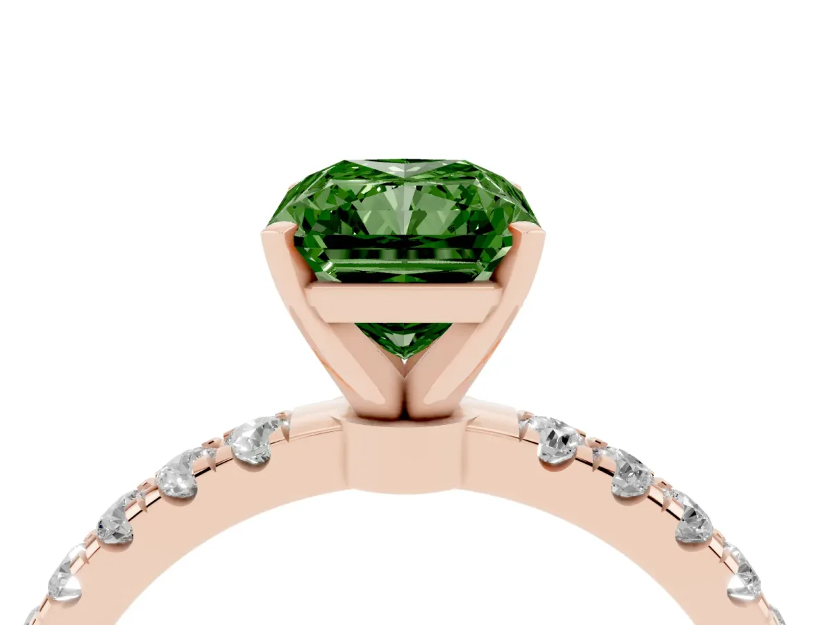 Fancy Green Radiant Cut Diamond Solitaire Ring with Pavé Accents and Four-Prong Setting Rose gold