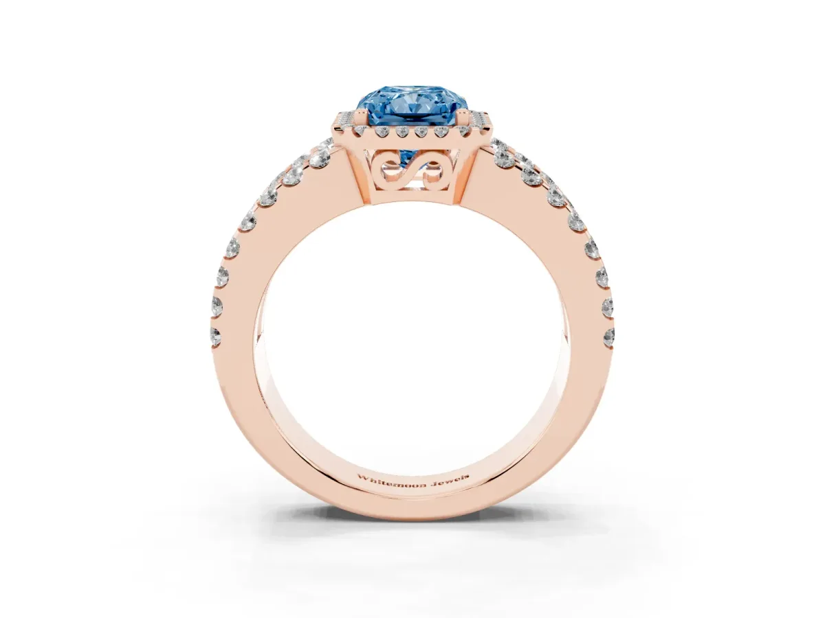 Fancy Blue Radiant Cut Cut Halo Split Shank Diamond Ring with Four-Prong Setting Rose gold