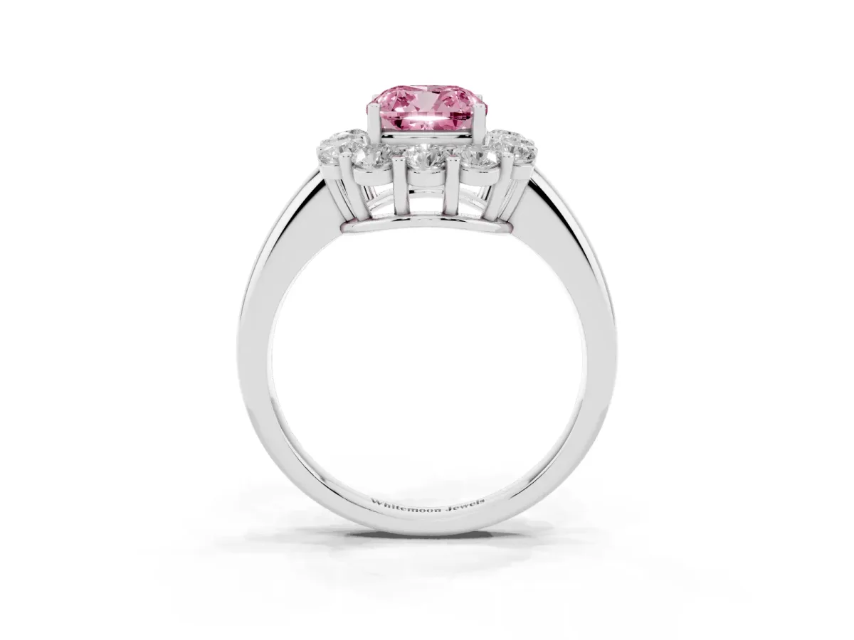 Fancy Pink Cushion Cut Halo Cluster Diamond Engagement Ring with Prong Setting and Polished Band Platinum