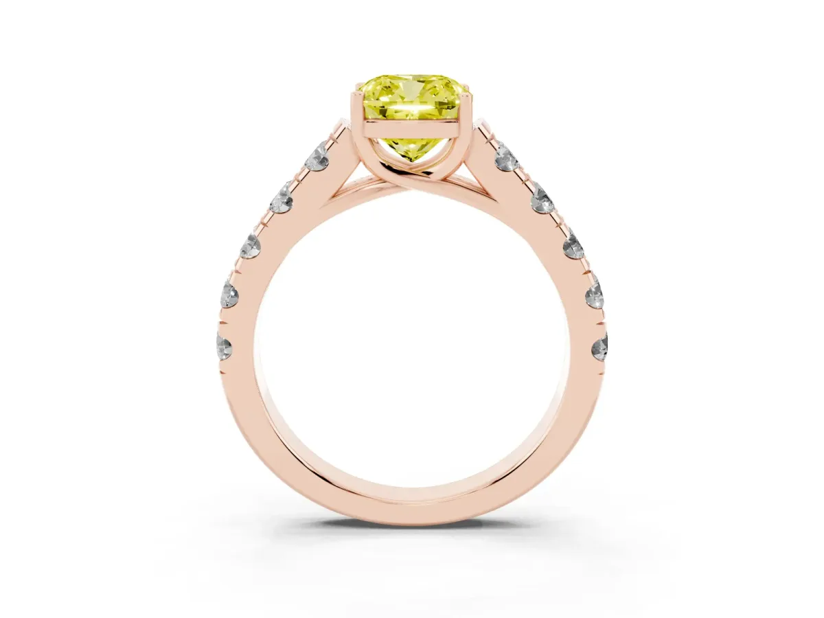 Fancy Yellow Cushion Cut Cut Diamond Solitaire Ring with Micro Pave Band and Prong Setting Rose gold