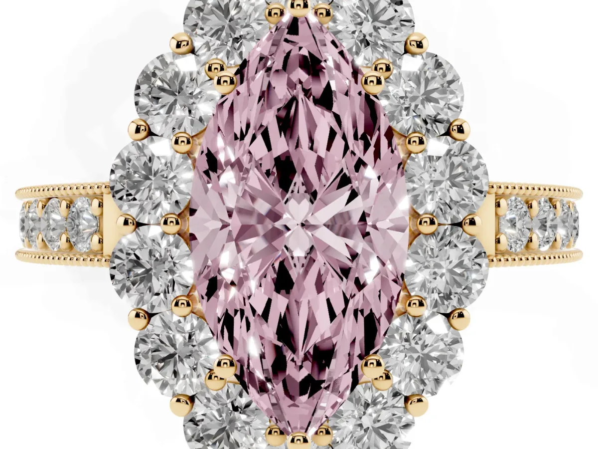 Fancy Pink Marquise Cut Cut Halo Diamond Pavé Engagement Ring with Milgrain Detailing Yellow gold
