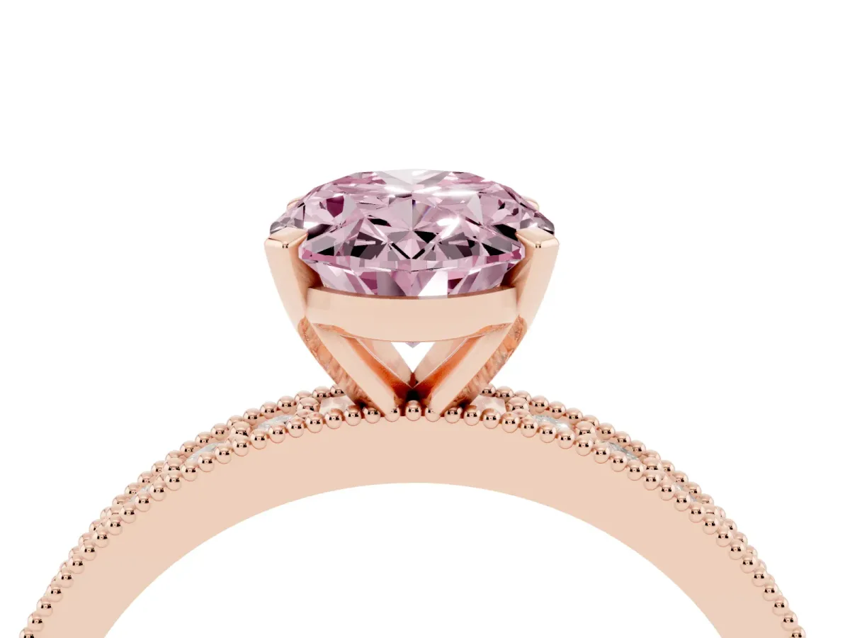 Fancy Pink Oval Cut Diamond Milgrain Pavé Engagement Ring with Four-Prong Setting Rose gold