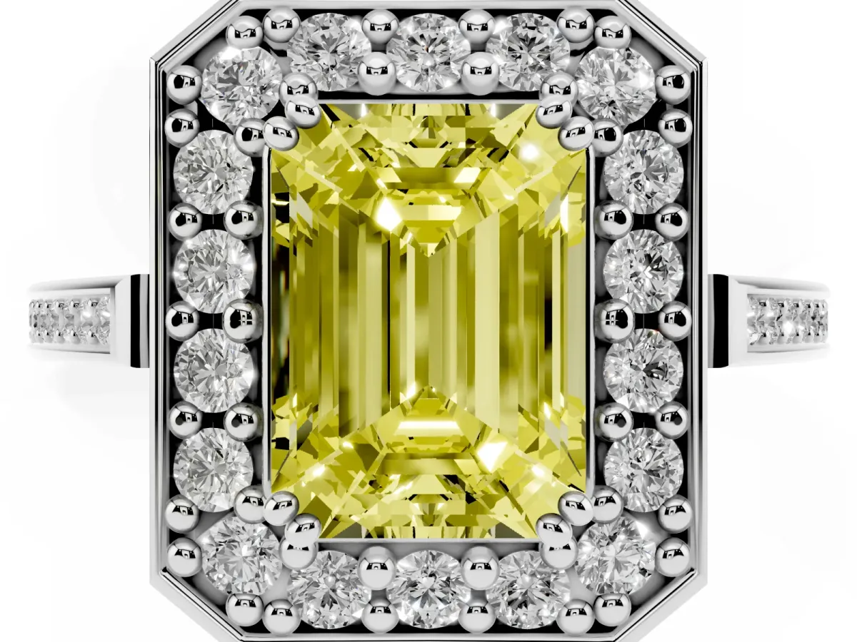 Fancy Yellow Emerald Cut Diamond Halo Ring with Split Shank and Four-Prong Setting Silver