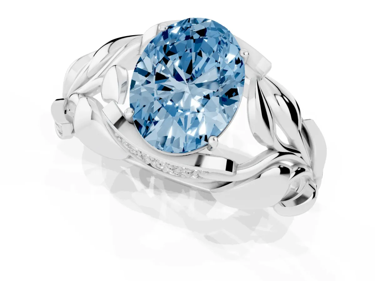 Fancy Blue Oval Cut Diamond Leaf-Inspired Engagement Ring with Round Accents and Prong Setting Silver
