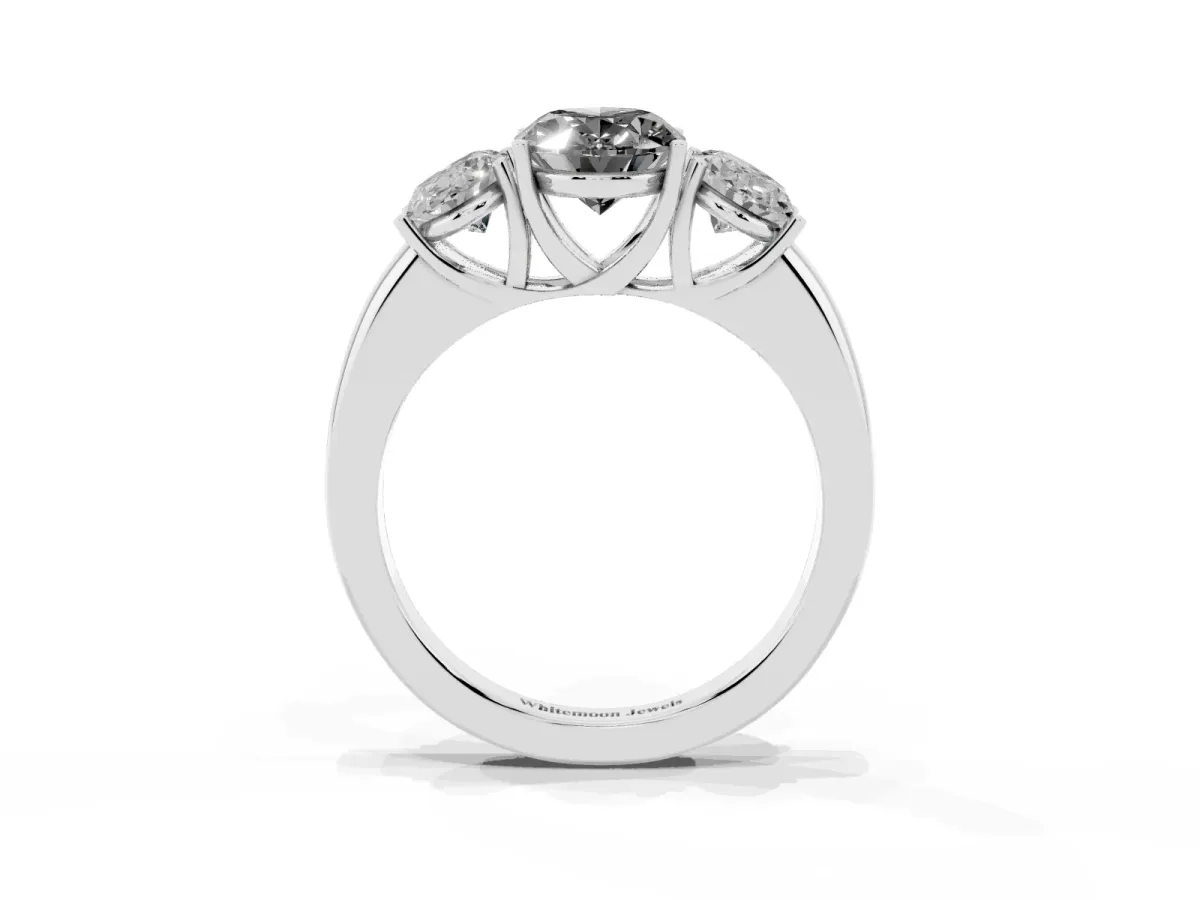 Fancy Black Oval Cut Diamond Three-Stone Ring with Four-Prong Setting and Classic Band Silver