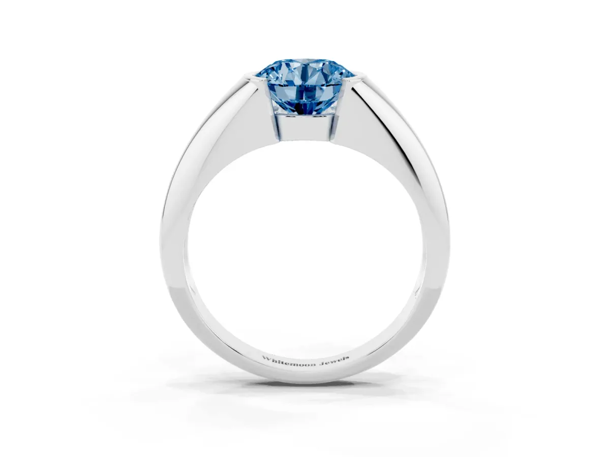 Fancy Blue Round Cut Solitaire Tension Set Diamond Ring White gold