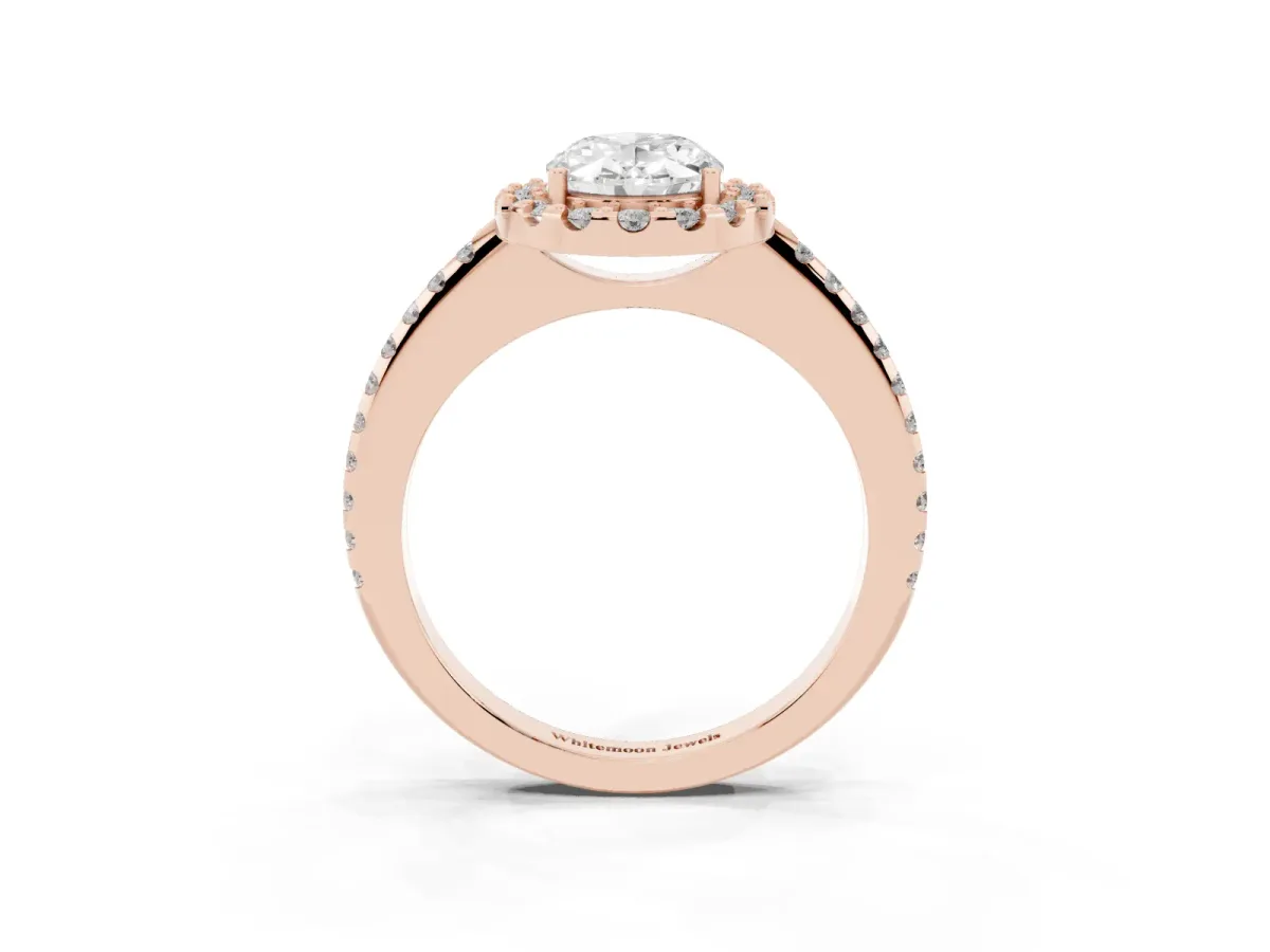 Oval Cut Diamond Pavé Halo Ring with Four-Prong Setting Rose gold