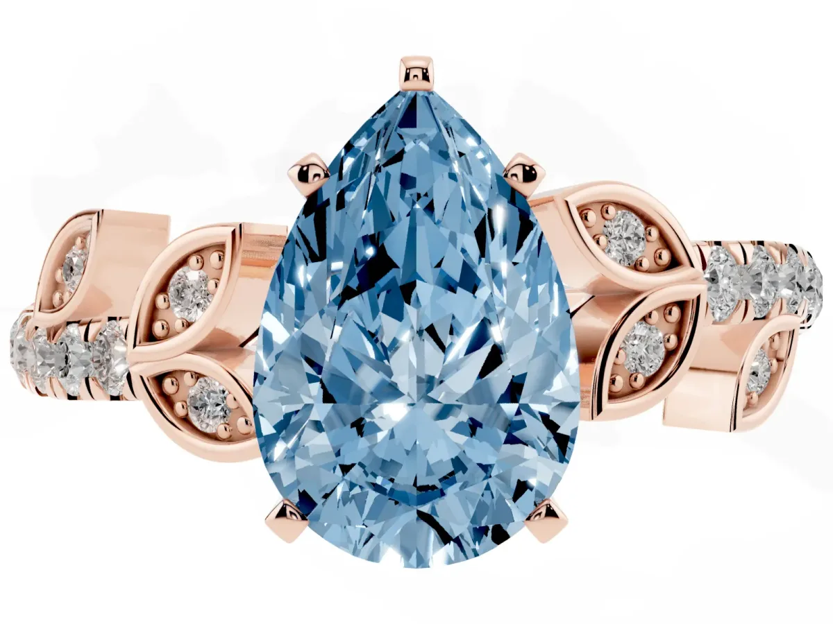 Fancy Blue Pear Cut Solitaire Leaf-Inspired Diamond Ring with Pavé Band and Four-Prong Setting Rose gold