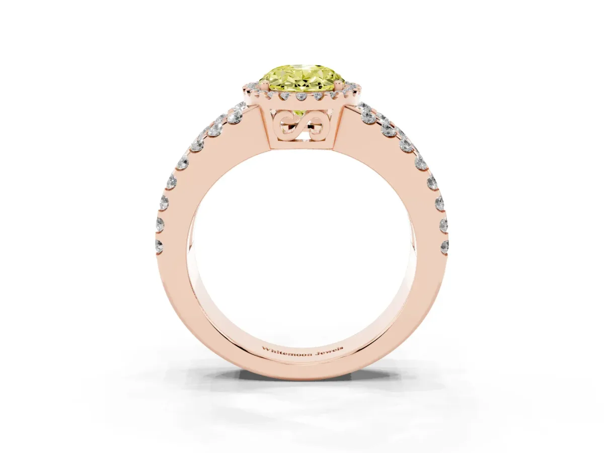 Fancy Yellow Oval Cut Cut Halo Split Shank Diamond Ring with Four-Prong Setting Rose gold