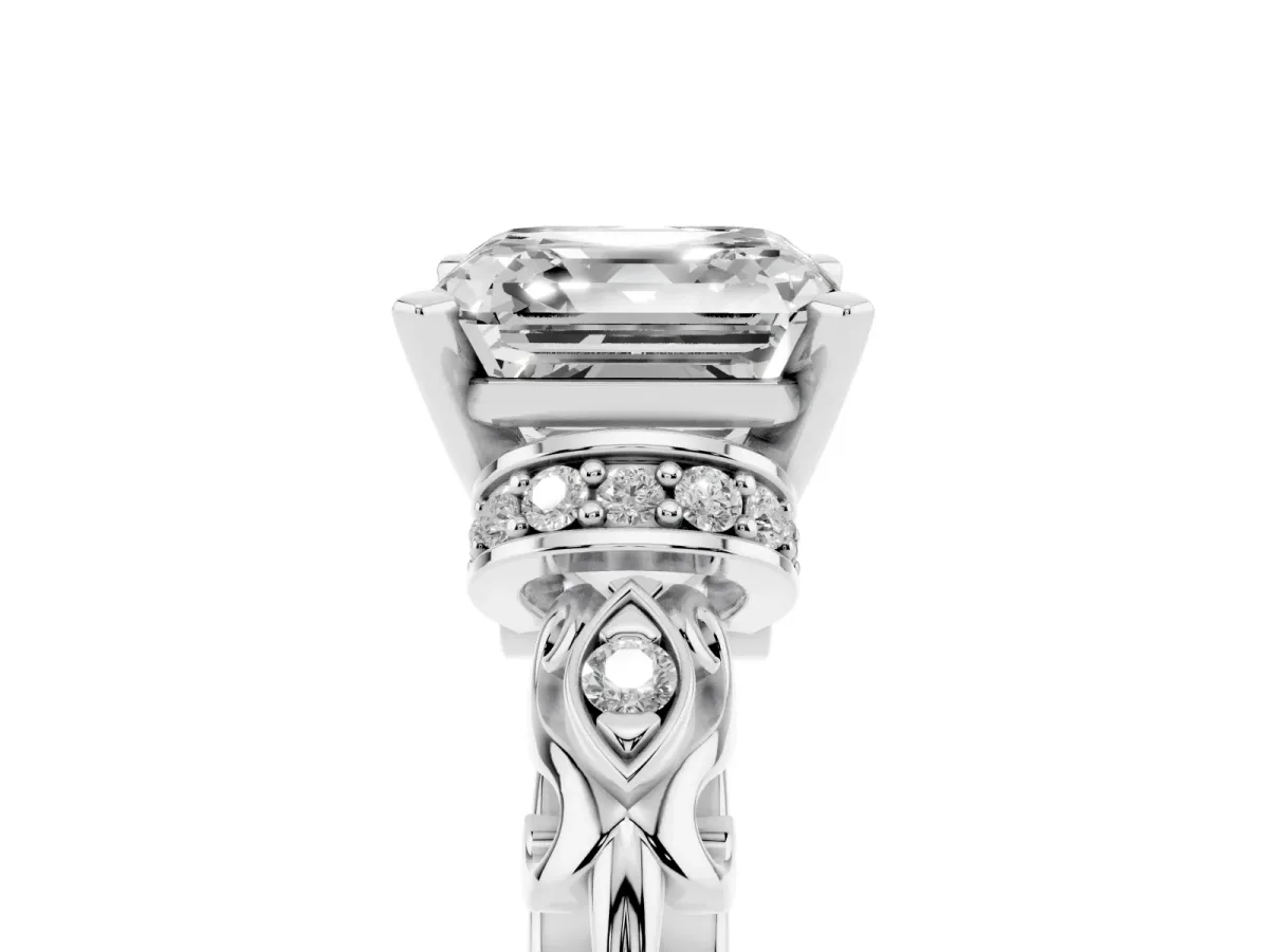 Asscher Cut Diamond Solitaire Ring with Filigree Band and Four-Prong Setting Silver