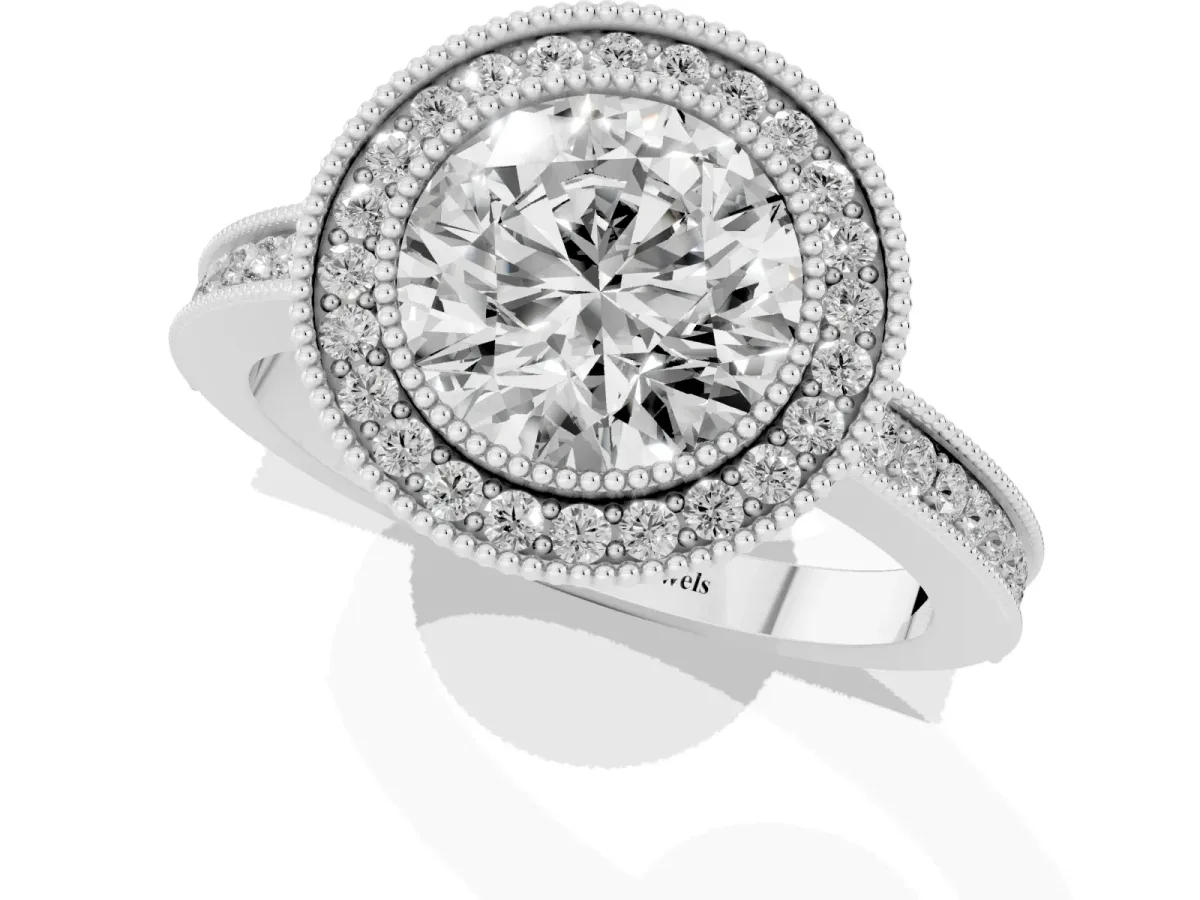Round Cut Cut Halo Diamond Ring with Pavé Band and Milgrain Prong Setting Silver
