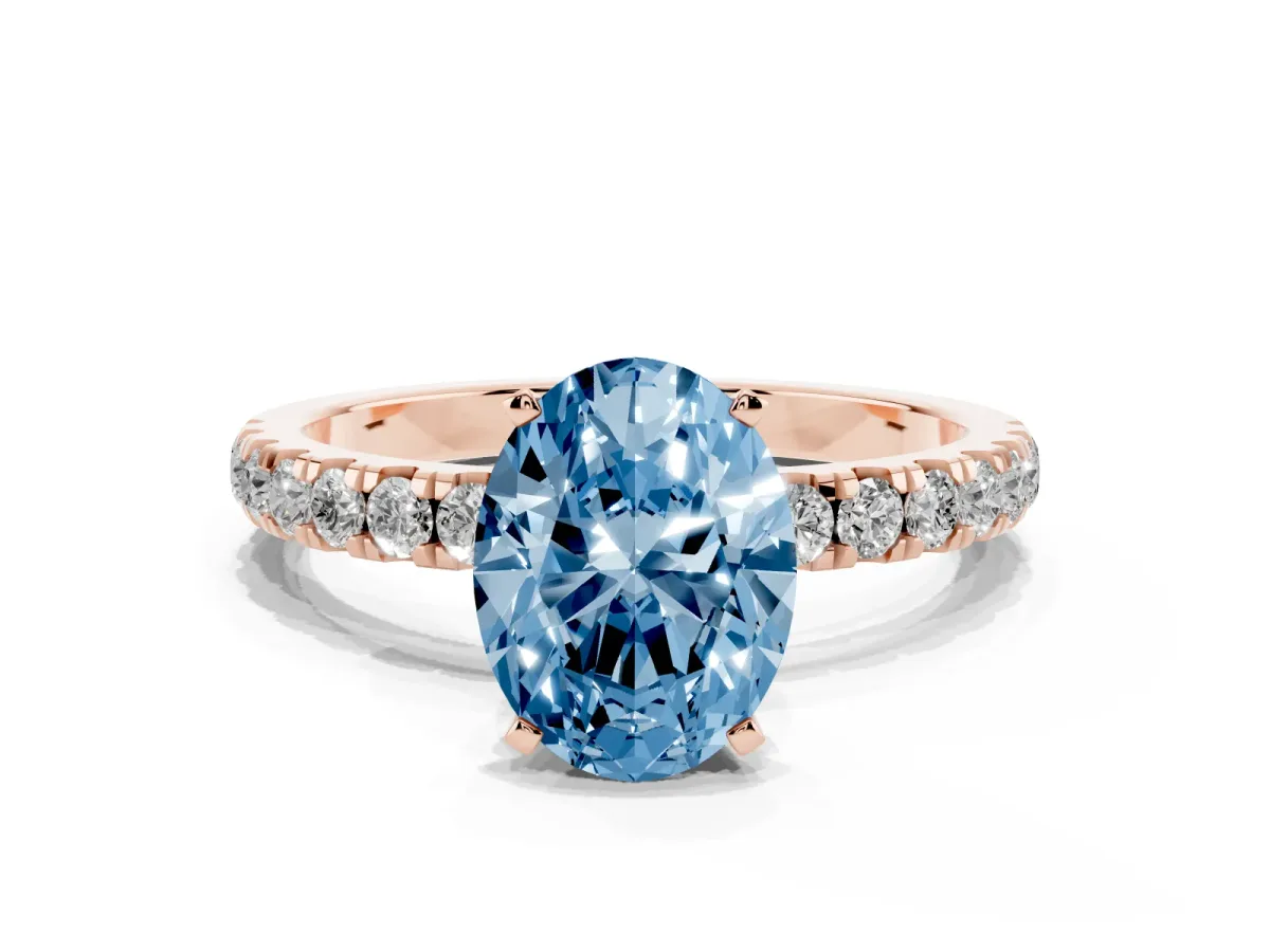 Fancy Blue Oval Cut Diamond Solitaire Ring with Pavé Accents and Four-Prong Setting Rose gold