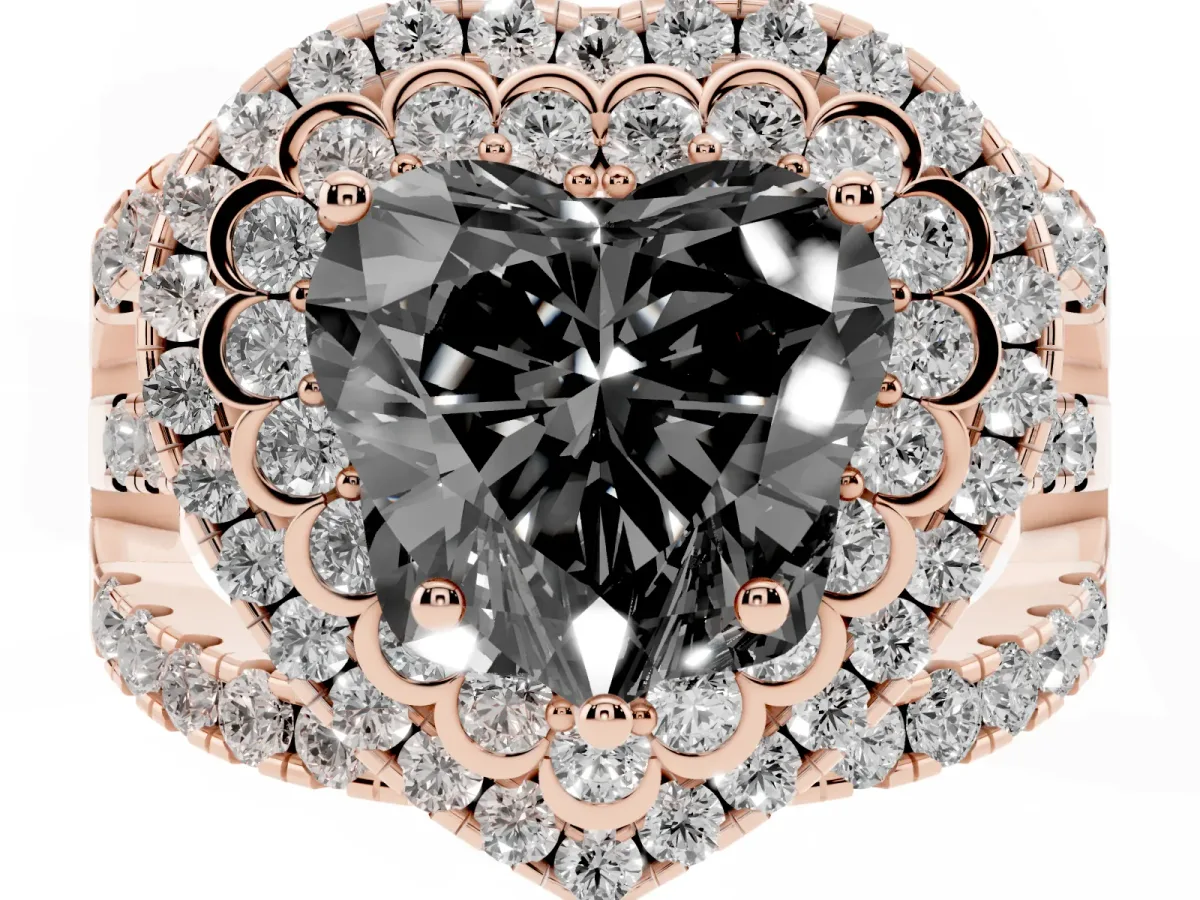 Fancy Black Heart Cut Diamond Double Halo Ring with Round Pavé Split Shank and Prong Setting Rose gold