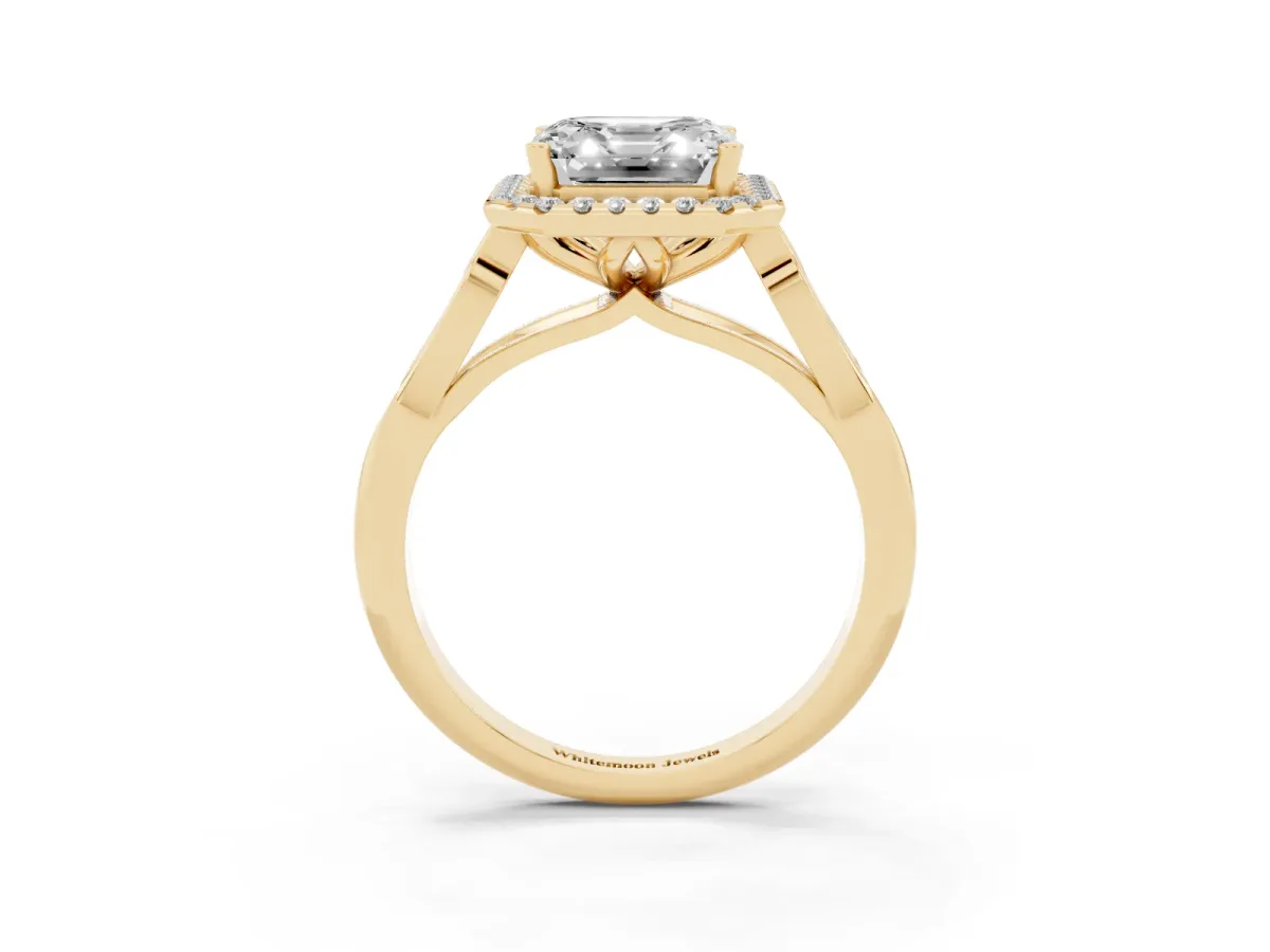 Asscher Cut Halo Diamond Engagement Ring with Filigree Band and Four-Prong Setting Yellow gold