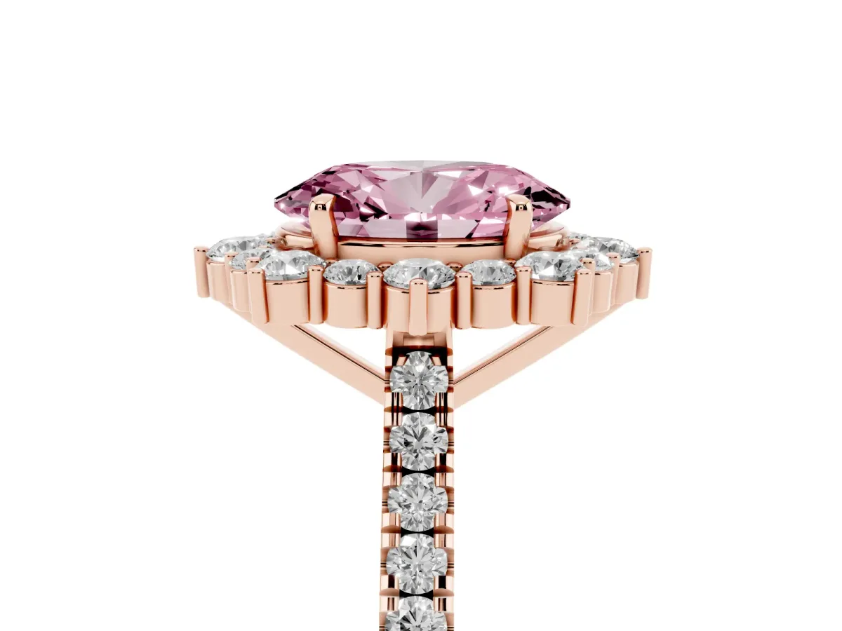 Fancy Pink Oval Cut Halo Diamond Ring with Pavé Band and Prong Setting Rose gold