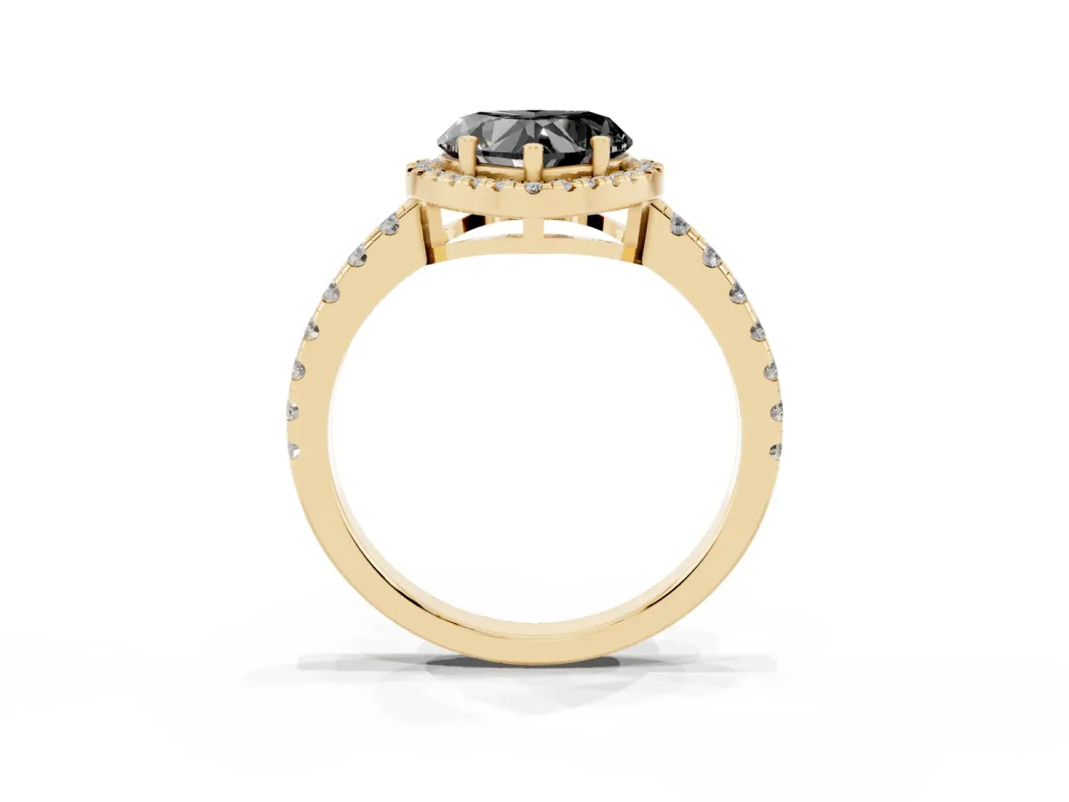 Fancy Black Heart Cut Diamond Halo Ring with Pavé Band and Four-Prong Setting Yellow gold