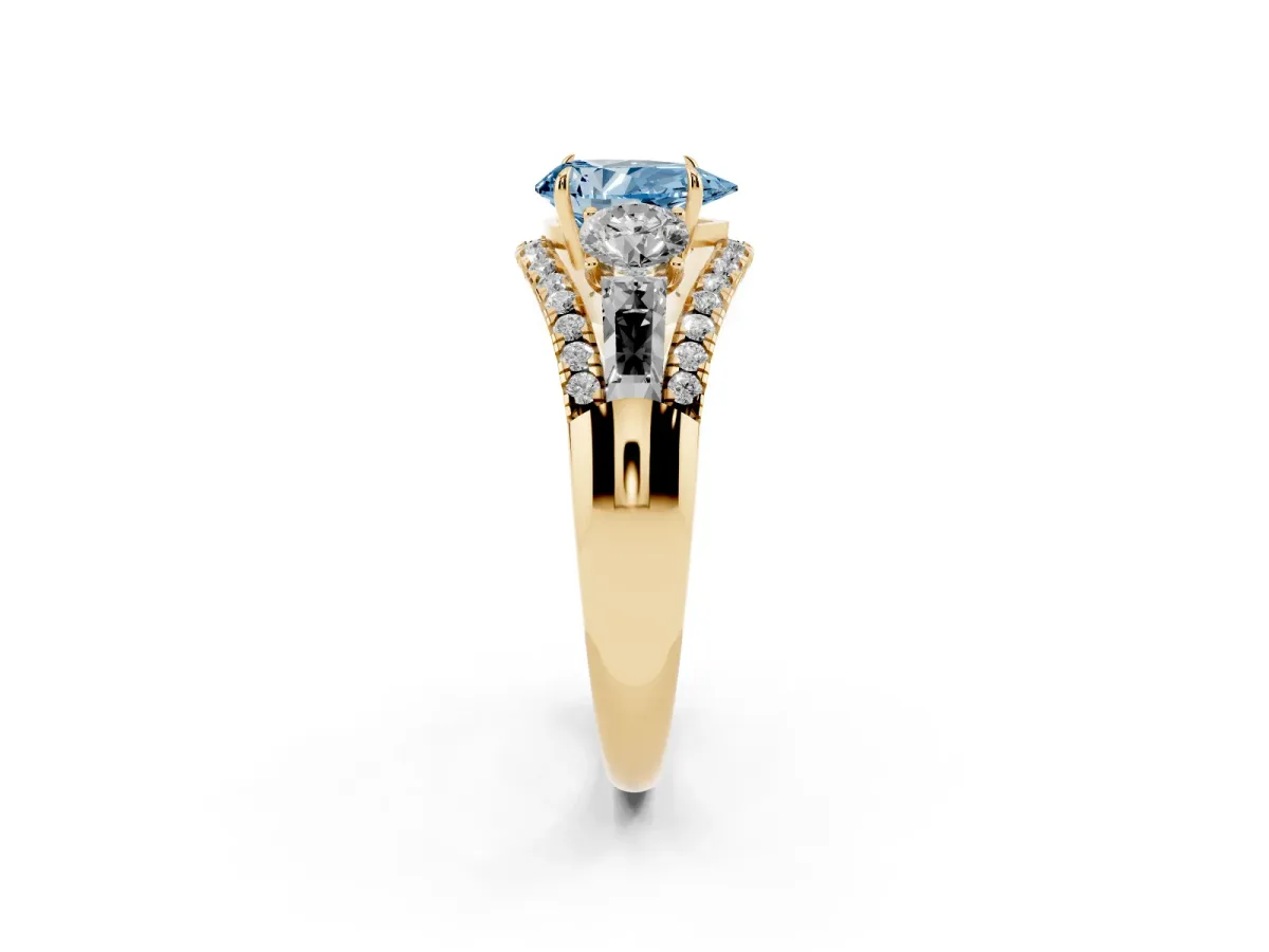 Fancy Blue Three-Stone Pear Cut Diamond Engagement Ring with Pave Band and Prong Setting Yellow gold