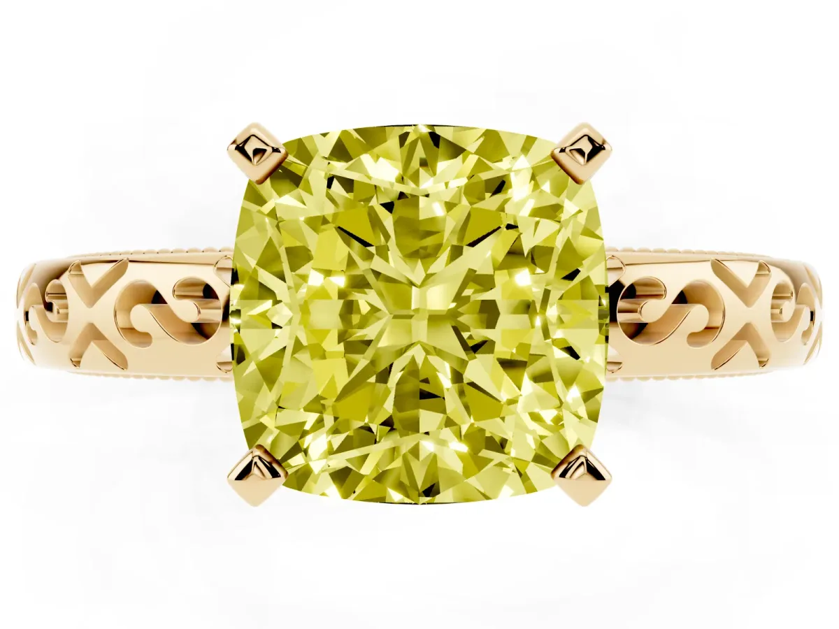 Fancy Yellow Cushion Cut Solitaire Engagement Ring with Scrollwork Band and Four-Prong Setting Yellow gold